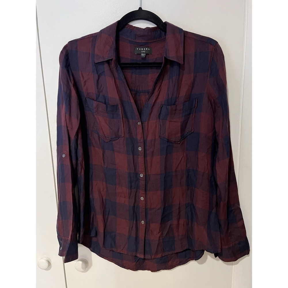 Tinsel Women's‎ Burgundy And Navy Blue Plaid Long Sleeve Buttoned Shirt Size S